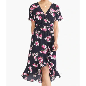 J. Crew Navy Blue Floral Faux Wrap Dress Asymmetric Ruffle Midi Women Sz M Fairy